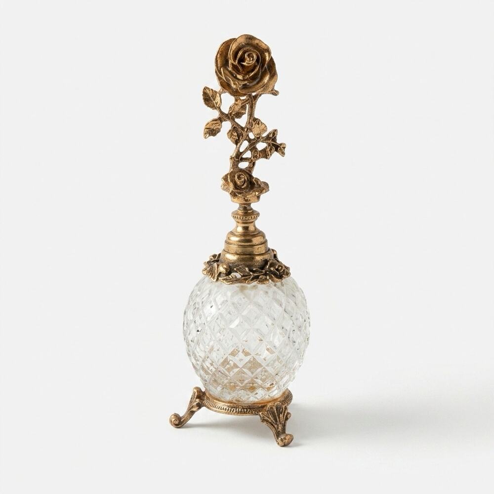 Vintage Gold Tone Gilted Metal Rose Fancy Glass Perfume Bottle STYLEBUILT USA